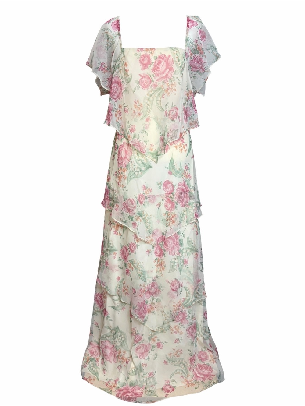Vintage 70s Floral Maxi Dress Ivory Pink Tiered Ruffle Cottagecore Prairie Gown - Picture 2 of 11